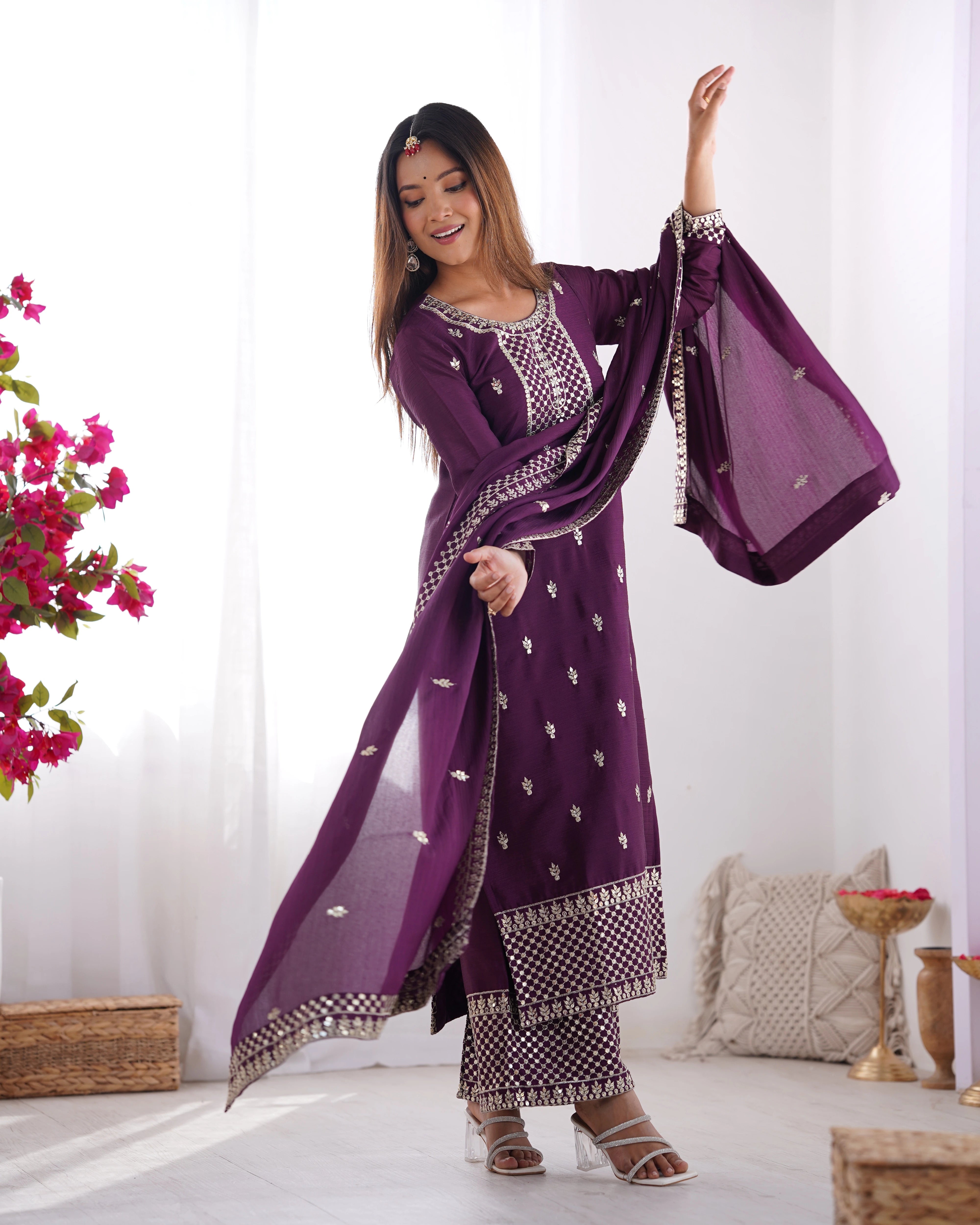 Wine Zari Embroidery & Sequin Chinon Silk Suit - kalyanja